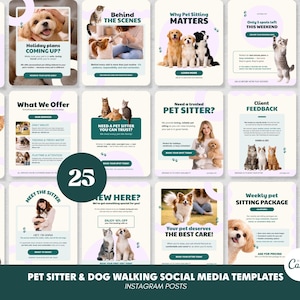 Puede incluir: Un conjunto de 25 plantillas de publicaciones de Instagram para cuidadores de mascotas y paseadores de perros. Las plantillas presentan imágenes de perros y gatos, con texto promocionando servicios y ofertas. La combinación de colores es principalmente blanco, turquesa y beige.