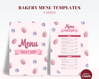 May include: A pink bakery menu template with a watercolor design of raspberries and blueberries. The menu is titled "Menu Sweet Shop" and lists cakes and drinks with prices. The template is editable in Canva.