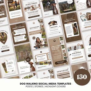 Könnte beinhalten: Eine Sammlung von 150 Social-Media-Vorlagen für Hundespaziergänge in Braun- und Weißtönen. Die Vorlagen umfassen Beiträge, Stories und Highlight-Cover mit Bildern von Hunden und Menschen. Text: "Flash Sale!" und "Puppy Visits!"