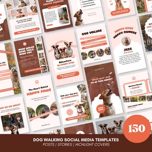Pode incluir: Um conjunto de 150 modelos de mídia social para passeios com cães para posts, histórias e capas de destaque. Os modelos apresentam um esquema de cores marrom e rosa com imagens de cães e texto como "Happy Owners" e "Adventure in Every Step".