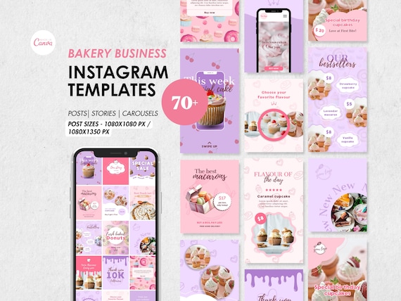 Bakery Instagram Templates, Cafe Branding Kit, Canva Editable (Digital Download)