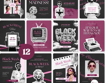 May include: A set of 12 social media templates with a retro design, advertising Black Friday and Pink Friday offers. The templates include images of women, vintage graphics, and text such as "Black Week" and "Save up to 50%" on a dark background.