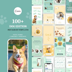 105 Dog Instagram Templates, Dog Instagram, Dog Groomer Instagram Post and Story Templates, Dog Instagram Highlights, Canva Templates