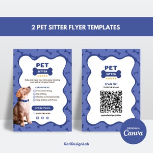 Modelo de canva para folheto de babá de animais de estimação, modelo de folheto para cuidados com cães, modelo de folheto comercial para babá de animais de estimação, tratador de cães, cuidados com animais de estimação, passeador de cães, código QR