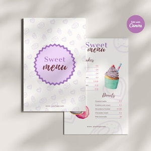 Bäckerei-Menü, Bäckerei Preisliste, süßes Bäckerei-Menü, bearbeitbare Canva Dessert-Menü-Vorlage, Café-Menü, Dessert-Menü-Vorlage, Canva Vorlagen