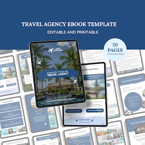 Puede incluir: Una plantilla de libro electrónico digital para agencias de viajes. La portada presenta una escena tropical con una piscina y palmeras. El texto en la portada dice "Explore the World with TRAVEL AGENCY". El libro electrónico tiene 20 páginas e incluye información sobre destinos, consejos de viaje y preguntas frecuentes.