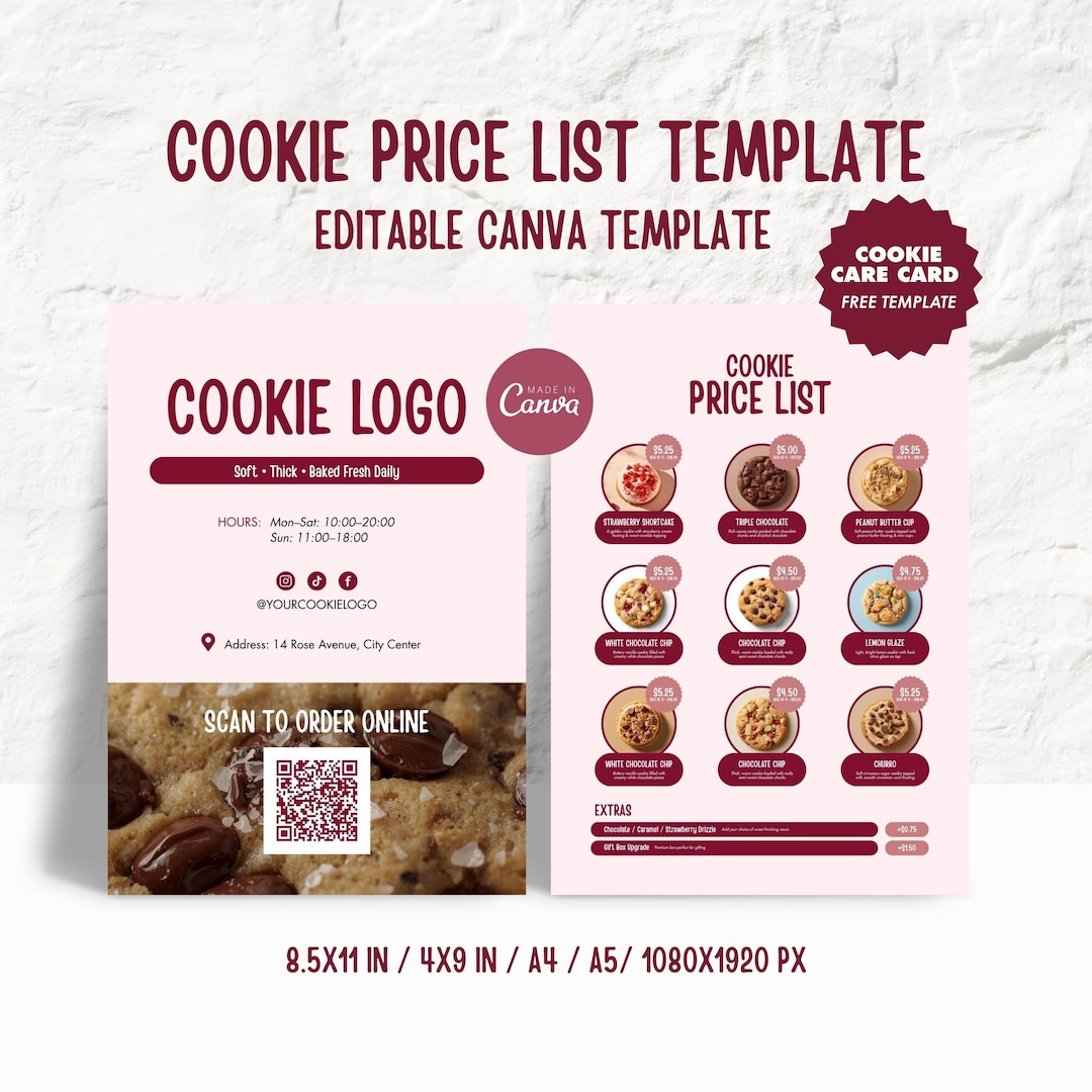 Editable Cookie Price List Template | Bakery Menu Canva (digital ...