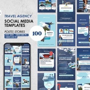 100 plantillas de Instagram para agencias de viajes, plantillas de publicaciones para agencias de viajes, redes sociales de viajes, publicaciones de viajes, contenido de viajes