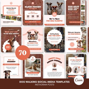 Puede incluir: Un conjunto de 70 plantillas de redes sociales para paseos de perros para publicaciones de Instagram. Las plantillas presentan perros, texto y gráficos en tonos de marrón, blanco y melocotón.