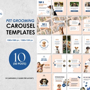 Pet Grooming Instagram Carousel Templates, Dog Grooming Flyer (Canva, 50 Posts)