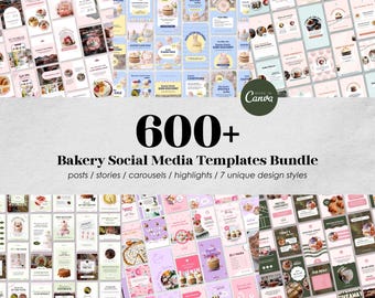 Más de 600 plantillas para redes sociales de panaderías / Publicaciones, historias, carruseles y destacados de Instagram para negocios de pastelería / Paquete de Canva