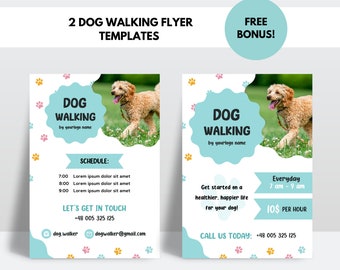 May include: Two flyer templates for dog walking services. The flyers feature a cute dog running in a field. The text on the flyers says "Dog Walking" and includes contact information and a schedule. The flyers are decorated with paw prints.