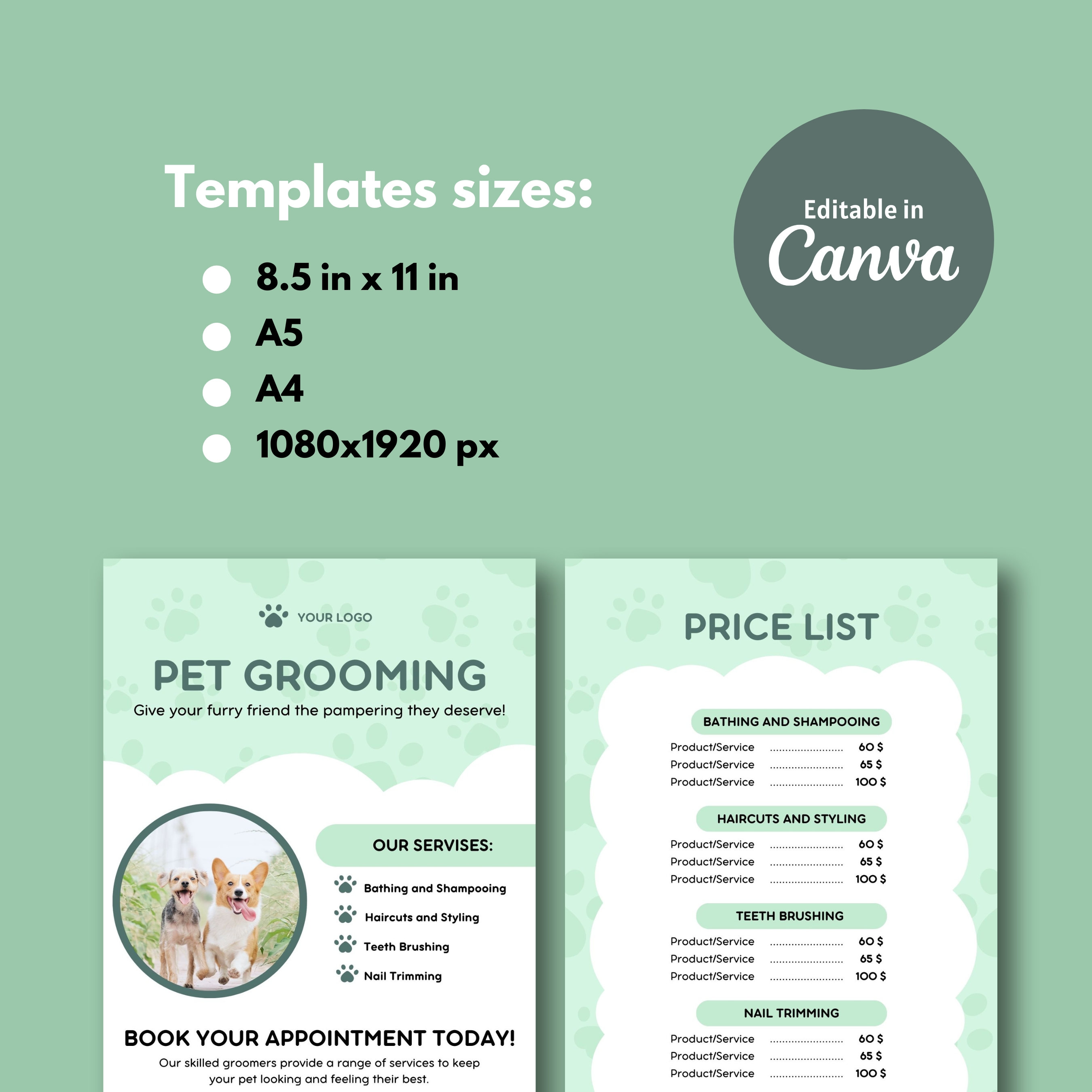 Pet Groomer Flyer Template, Dog Grooming Price List (canva) - Etsy