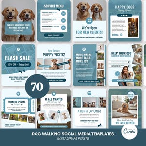 Plantillas para redes sociales de paseadores de perros / 70 publicaciones de Instagram en Canva