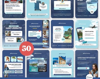 50 Travel Agency Social Media Templates, Canva Posts (Digital Download)