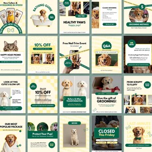 Puede incluir: Una colección de gráficos promocionales para un servicio de peluquería de mascotas. Las imágenes presentan perros y gatos, con texto que promociona servicios como cortes de uñas, aseo y accesorios. La combinación de colores es verde y blanco.