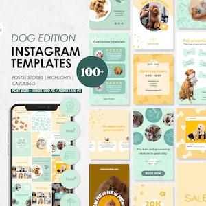105 Dog Instagram Templates, Dog Instagram, Dog Groomer Instagram Post and Story Templates, Dog Instagram Highlights, Canva Templates