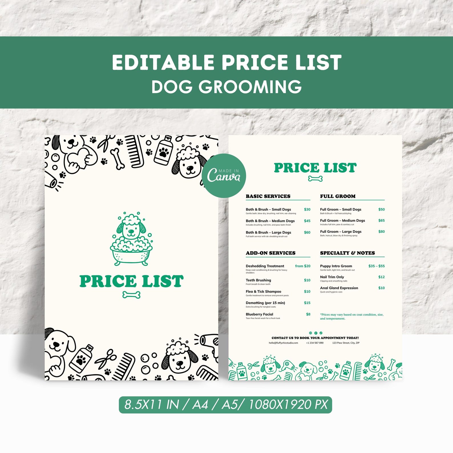 Dog Grooming Price List Template Editable Pet Salon Menu (canva) Etsy
