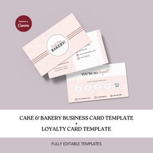 Cartões de visita de bolo, cartão de visita de padaria, cartão de desconto, modelo de cartão de fidelidade, marca de padaria, modelos de bolo editáveis, negócio de cupcakes