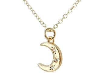 Crescent moon necklace, cubic zirconia, dainty gold necklace, best friend gift, minimal necklace