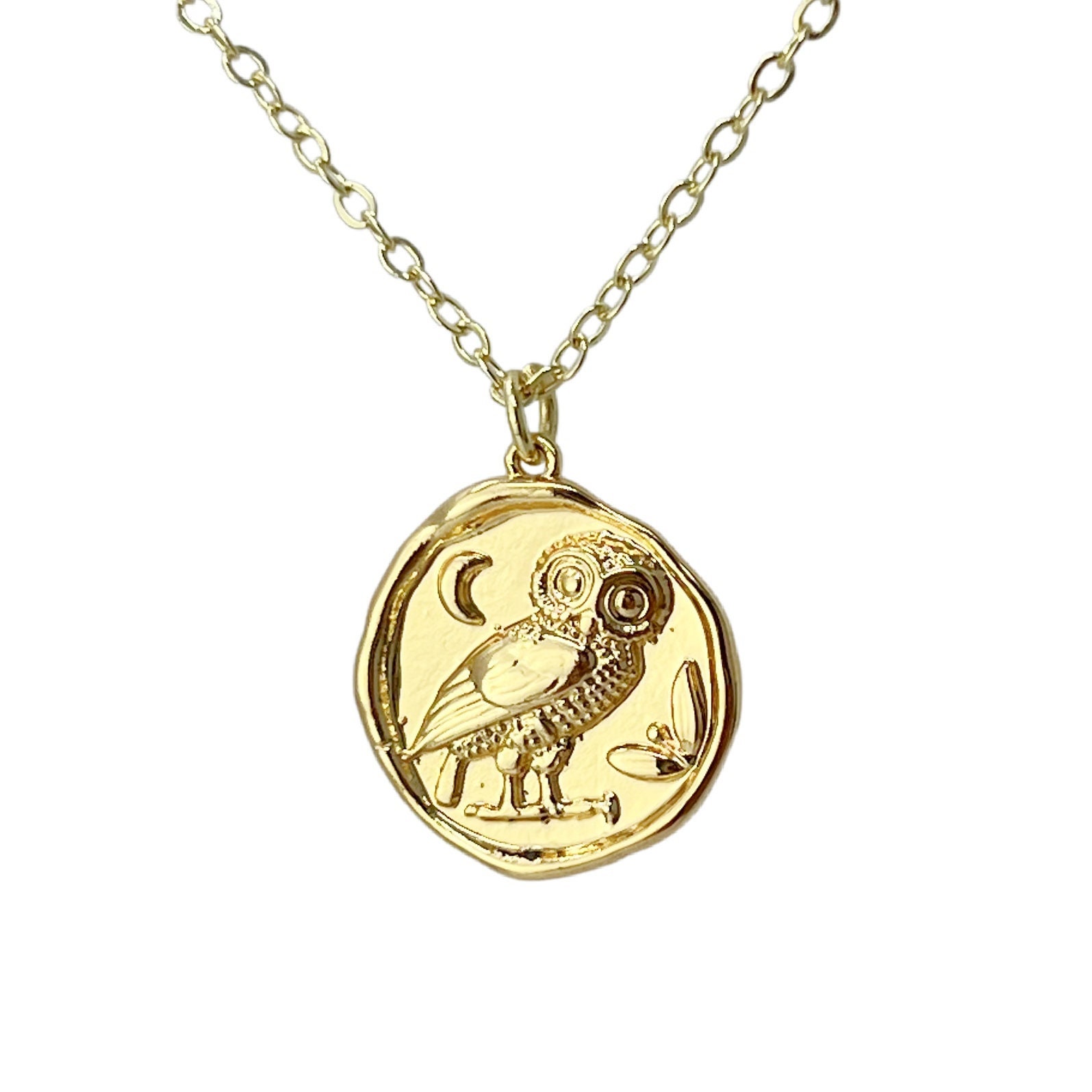 Gold coin necklace, Owl necklace, Athena necklace, gold dainty necklace