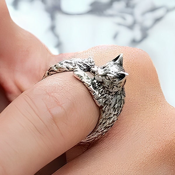 Cute Adjustable Silver Cat Ring, Dainty Cat Wrap Ring Silver, Perfect for Cat Lovers Ring, Cute Wrap Around Finger Cat Jewelry, Cute Ring