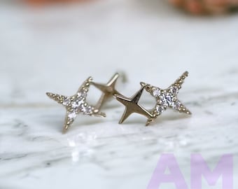 Four-Pointed Star Tragus CZ Diamond Stud Earring, 925 Sterling Silver, Star Tragus, Dainty Minimalist Jewelry, Conch Earring & Cartilage