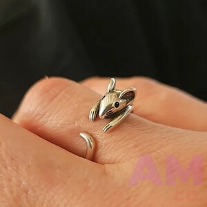 Cute Adjustable Mouse Ring, Silver Rat Ring, Mice Ring, Perfect for Animal Lovers Ring, 925 Sterling Silver Wrap Around Finger Mouse Ring Gold