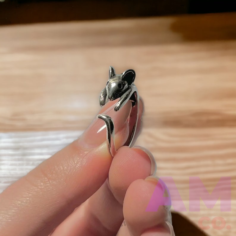 Cute Adjustable Mouse Ring, Silver Rat Ring, Mice Ring, Perfect for Animal Lovers Ring, 925 Sterling Silver Wrap Around Finger Mouse Ring image 1