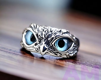 Bague réglable yeux de hibou, bagues réglables en argent 925 avec hibou, bague faite main, pour les amoureux des animaux, plusieurs options de 6 couleurs, bague porte-bonheur naturelle