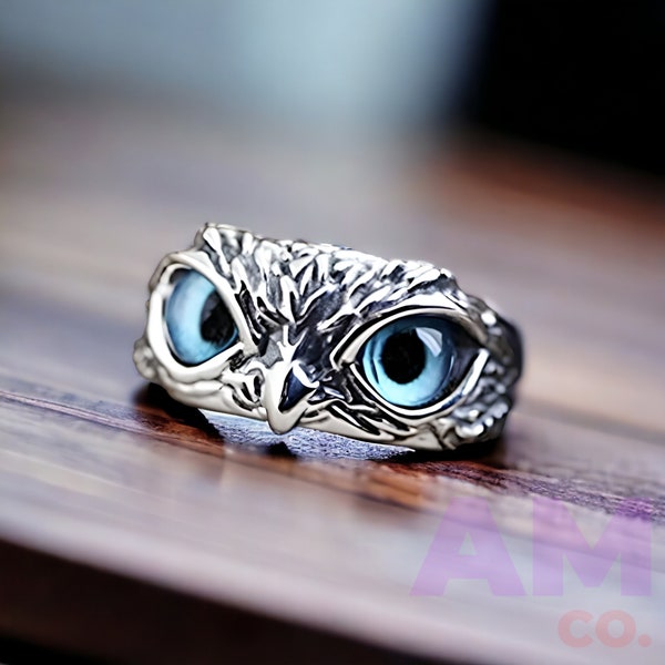 Owl Eyes Adjustable Ring, 925 Silver Adjustable Owl Animal Rings, Handmade Ring,For Animal Lovers Multiple 6 Color Options Natural Luck Ring