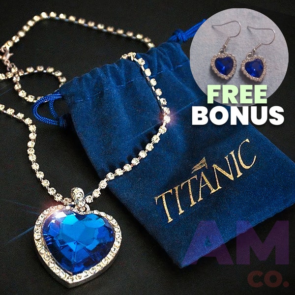 Titanic Style Heart of The Ocean Blue Sapphire Heart Pendant Necklace, Blue Heart Pendant Necklace w/ CZ Edges, Rose Necklace from Titanic
