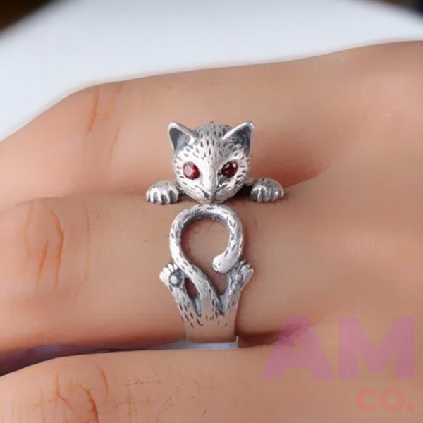 Cat Hug Ring, Cute Silver Cat Hug Ring, Silver Kitten Ring, Hugger Ring, Perfect Gift for Cat Lovers Ring, 925 Silver Cat Wrap Ring