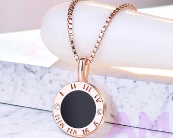 Classic Black Agate Pendant With Zircon, Sterling Silver Jewelry, Handmade Round Circle Pendant, Dainty Roman Numerals Pendant Back Center