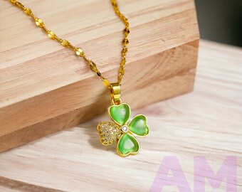 Four Leaf Clover Necklace, Gold Green Jade Clover Necklace, Four Leaf Clover Necklace with CZ Leaf, Green Jade 4 Leaf Clover Necklace Gold