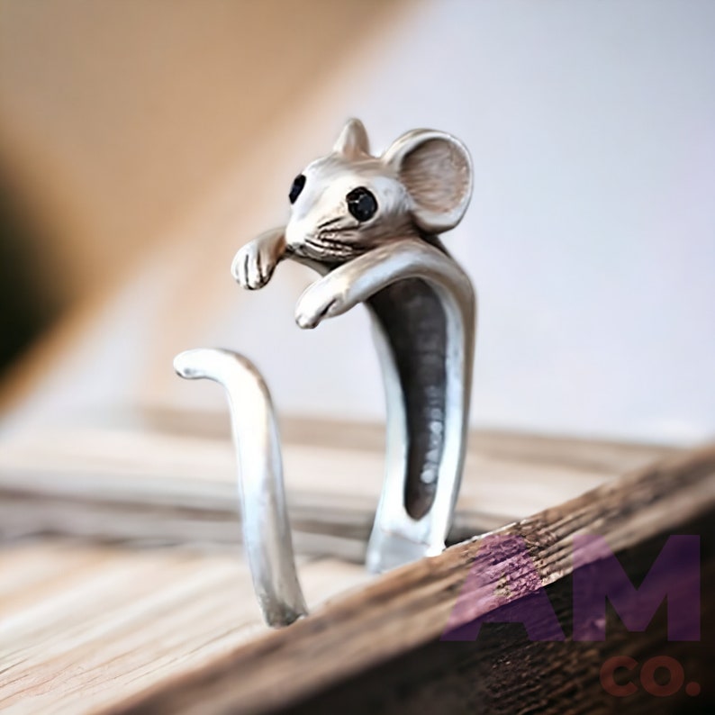 Cute Adjustable Mouse Ring, Silver Rat Ring, Mice Ring, Perfect for Animal Lovers Ring, 925 Sterling Silver Wrap Around Finger Mouse Ring image 3