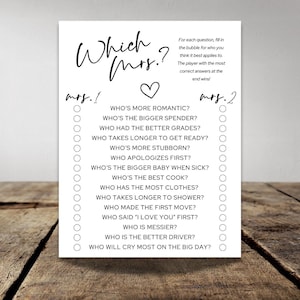 Puede incluir: Un juego de papel blanco con el texto "Which Mrs.?" en escritura elegante. El juego incluye preguntas como "¿Quién es más romántica?" y "¿Quién gasta más?" con burbujas para las respuestas. Una actividad divertida para una despedida de soltera.