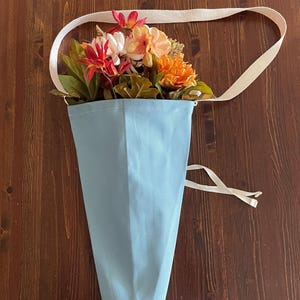 Blue Canvas Flower Satchel, Bouquet Carrier Wrap, Florist Cone Tote, Reusable Gift Bag, Harvest Bag, Flower Swaddle, Gardening Gift Decor