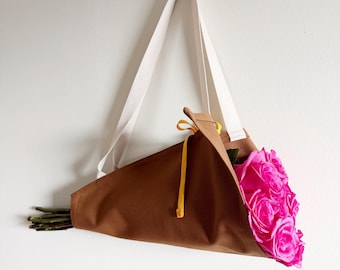 Flower Tote, Flay Lay Flower Carrier with Pocket, Yellow Tie, Canvas Bag, Florist Supplies, Flower Accessories, Harvest Bag, V4 Nutmeg