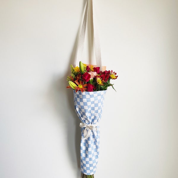 Flower Satchel, Bouquet Carrier Wrap, Florist Flower Tote Bag, Reusable Gift Bag, Harvest Bag, Flower Swaddle, Gardening, Blue White Denim