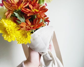 Flower Tote Bag, Bouquet Sleeve Gift Bag, Florist Supplies, Fresh Cut Flower Swaddle, Harvest Bag, Grey Canvas, Holds 1 Mini Bouquet