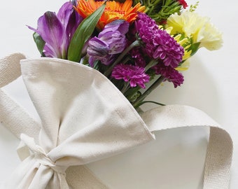 Flower Tote Bag, Bouquet Sleeve Gift Bag, Florist Supplies, Fresh Cut Flower Swaddle, Harvest Bag, Natural Canvas, Mini Holds 1 Bouquet