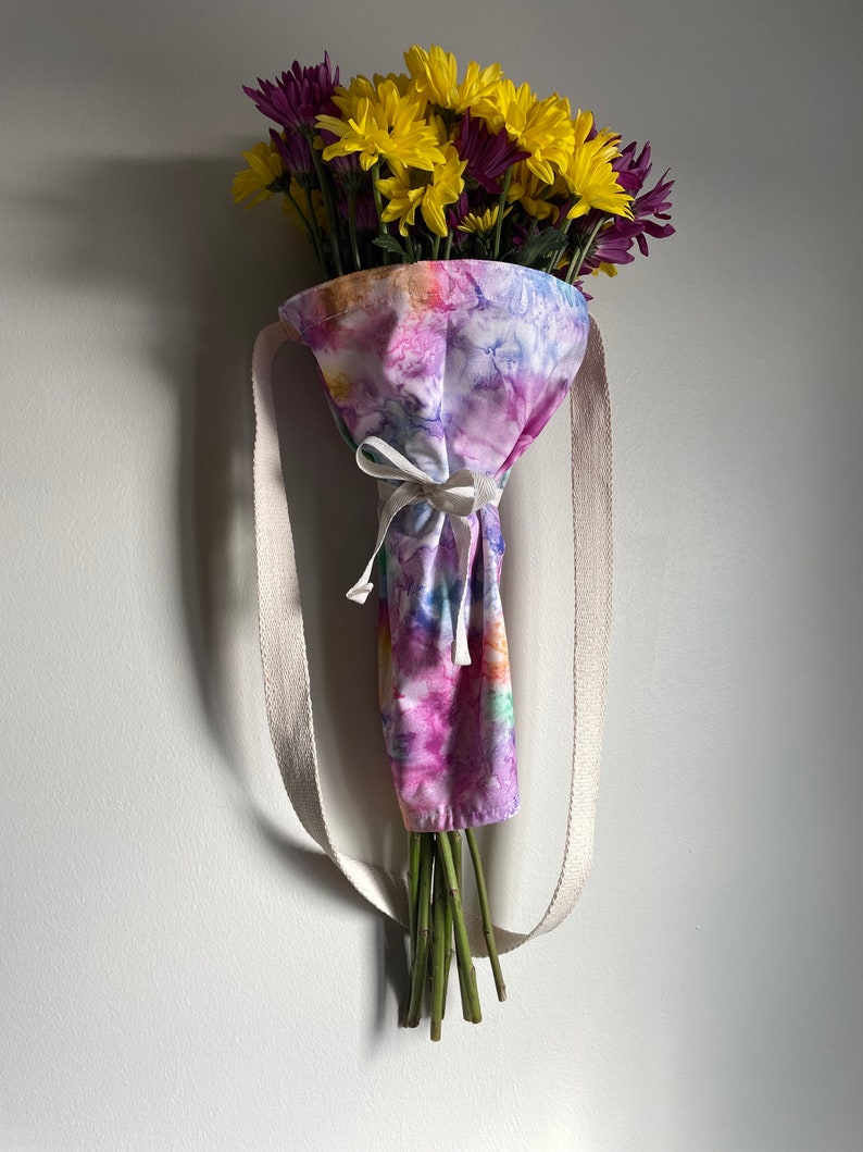 Handmade Flower Satchel, Bouquet Carrier Wraps, Floral Tote Bag, Reusable Flower Gift Bag, Harvest Bag, Gardening Gift, Tie Dye image 1