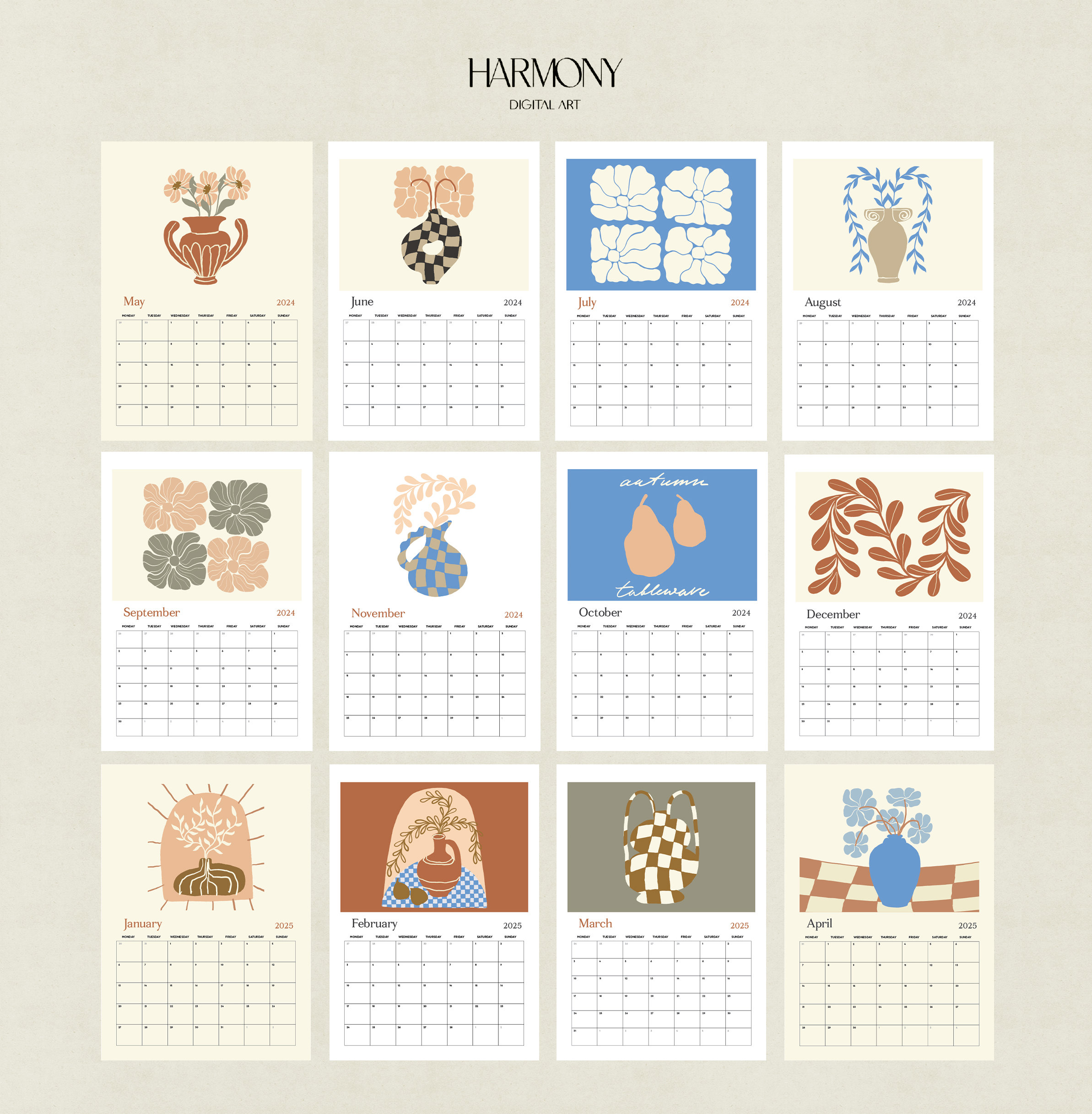 20242025 Bohemian Planner, 20242025 Boho Style Planner, A4 Calendar, 12 Month Hanging Calendar