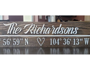 Family name and home coordinates sign, solid wood laser cut home decor, housewarming/wedding gift