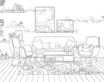 4 Interior Design Detailed Printable Coloring Pages, Lifelike, PDF, PNG, Adult Coloring, Cozy Interior, Digital Download
