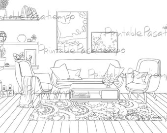 4 pages de coloriage imprimables détaillées de design d’intérieur, réalistes, PDF, PNG, coloriage pour adultes, intérieur confortable, téléchargement numérique