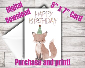 Carte d'anniversaire, carte d'anniversaire, renard, anniversaire renard, anniversaire de bébé, joyeux anniversaire, carte 5 x 7, téléchargement numérique, imprimable, carte de voeux