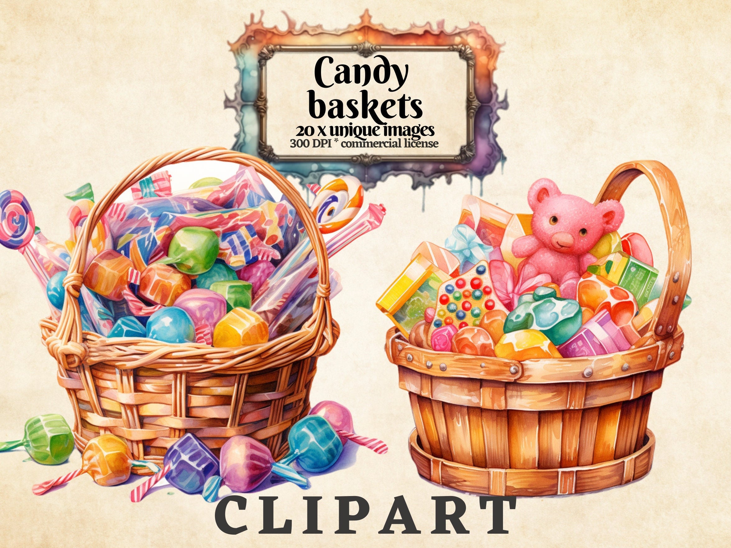 Candy Gift Basket Watercolor Clipart Bundle Candy Basket Etsy
