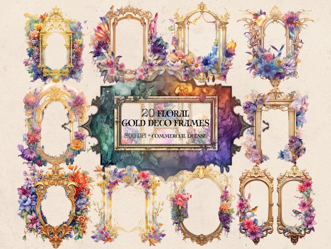 Gold Art Deco Frames Clipart Flloral Frame PNG and Vector Etsy